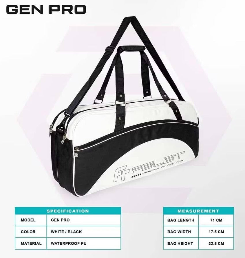 Felet Gen Pro tournament bag with specifications on a white background