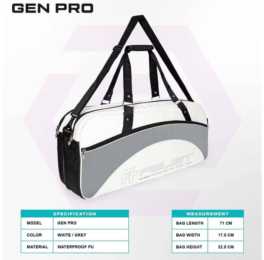 Felet Gen Pro tournament bag with specifications on a white background
