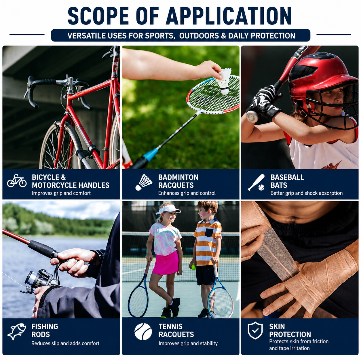 Cushion Badminton Racket Grip Cushion Wrap/Tennis Racquet Shock Absorbing PU Sponge Priming Film/ Pre-Wrap Sports Tape for Elbow Knees Ankles - 7cm x 27mshowing the application of a product on bicycle handles, badminton rackets, baseball bats, fishing rods, tennis racquets, and skin.