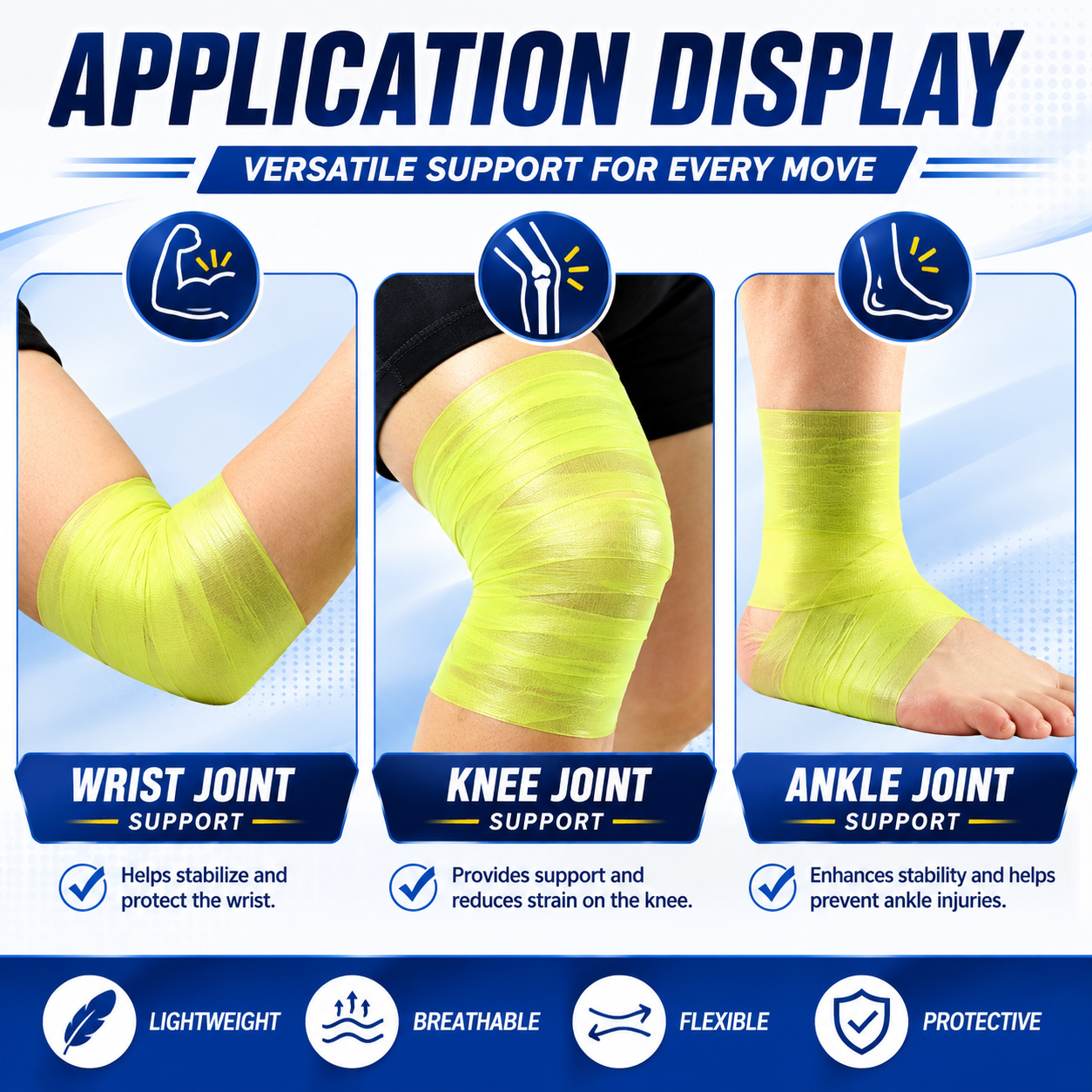 Application display of a cushion tape wrap for wrist, knee, and ankle joints with features listed below.