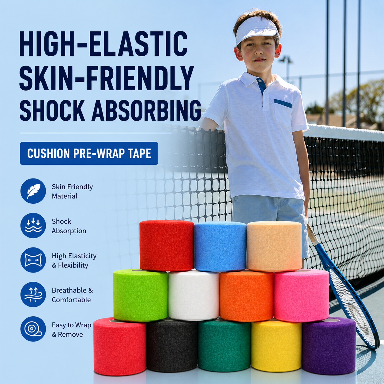 Cushion Badminton Racket Grip Cushion Wrap/Tennis Racquet Shock Absorbing PU Sponge Priming Film/ Pre-Wrap Sports Tape for Elbow Knees Ankles - 7cm x 27m