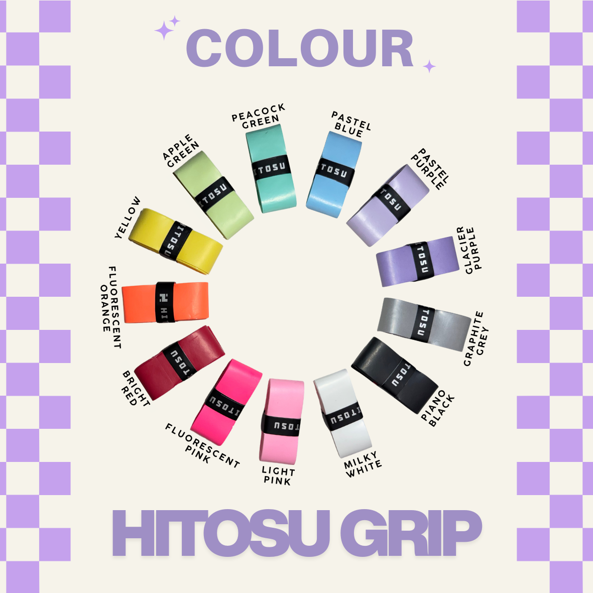 Colorful grip tapes arranged in a circular pattern with 'HITOSU GRIP' branding on a checkered background.