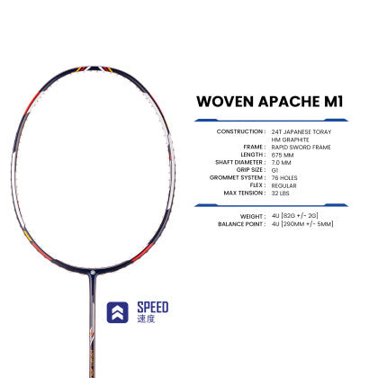 PROTECH Woven Apache M1 CONTROL Badminton Racquet Max:32lbs (Black / Red) - Unstrung & Free Grip - badminton racquet at Add One