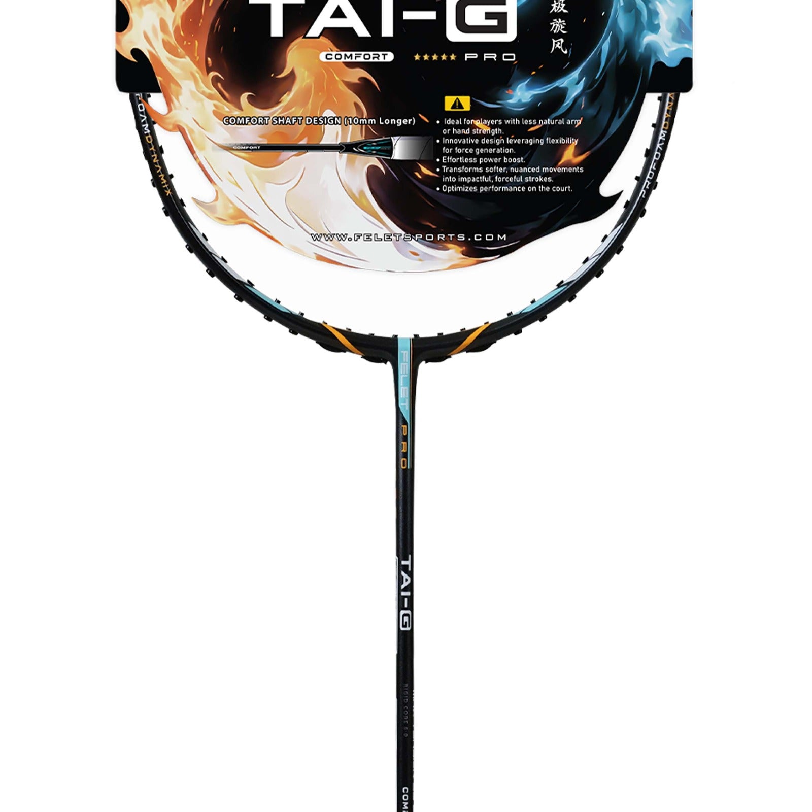 FELET Tai-G Comfort ATTACK Badminton Racquet Max:35lbs (Black) - Unstrung - badminton racquet at Add One