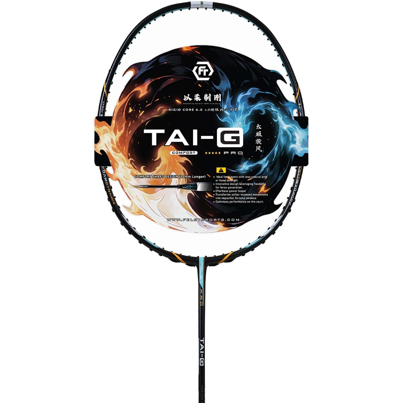 FELET Tai-G Comfort ATTACK Badminton Racquet Max:35lbs (Black) - Unstrung - badminton racquet at Add One
