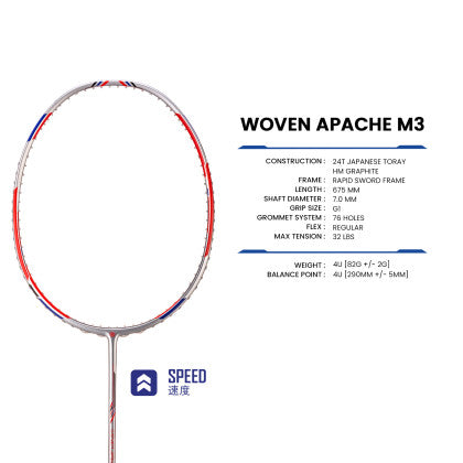 PROTECH Woven Apache M3 CONTROL Badminton Racquet Max:32lbs (Black / Blue) - Unstrung & Free Grip - badminton racquet at Add One