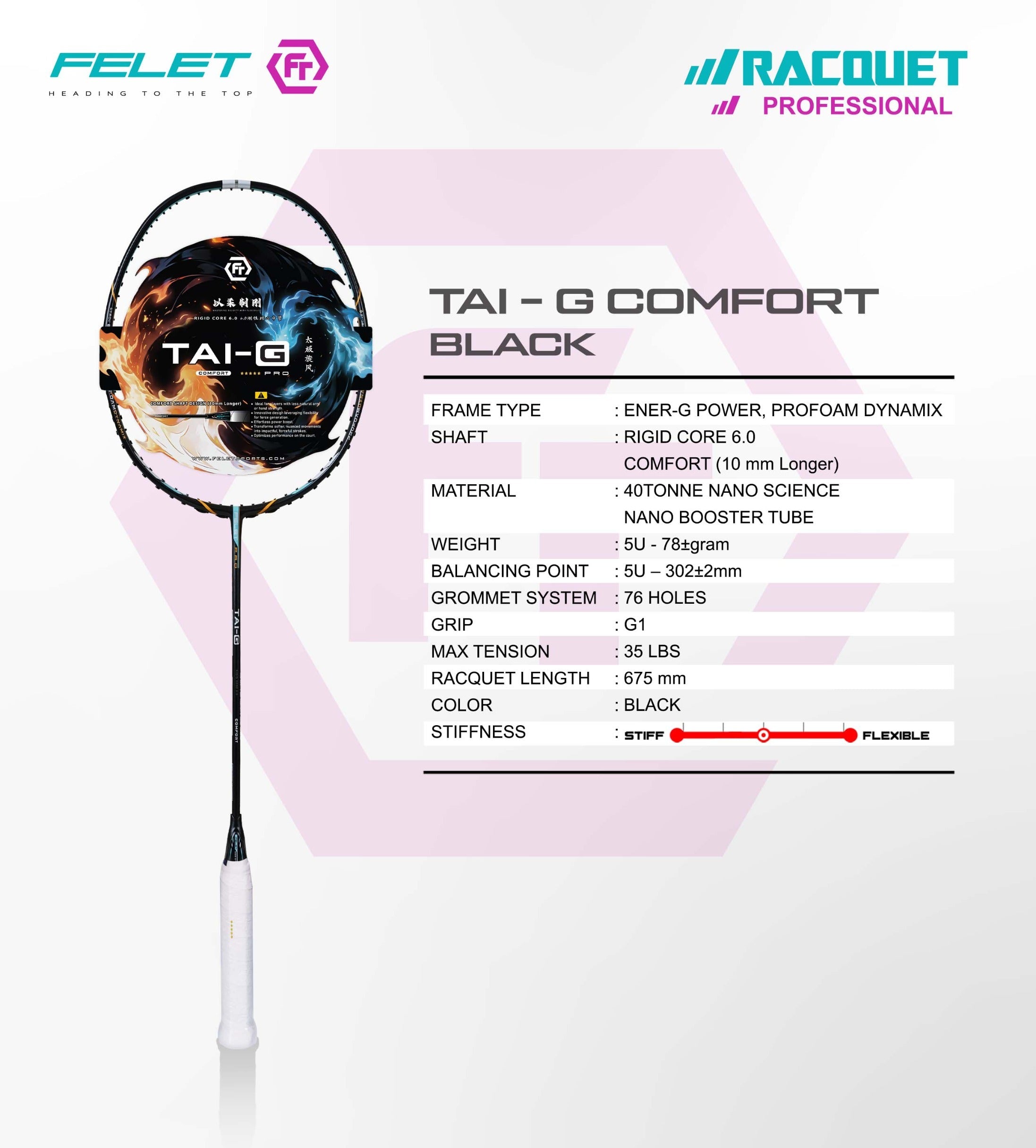 FELET Tai-G Comfort ATTACK Badminton Racquet Max:35lbs (Black) - Unstrung - badminton racquet at Add One