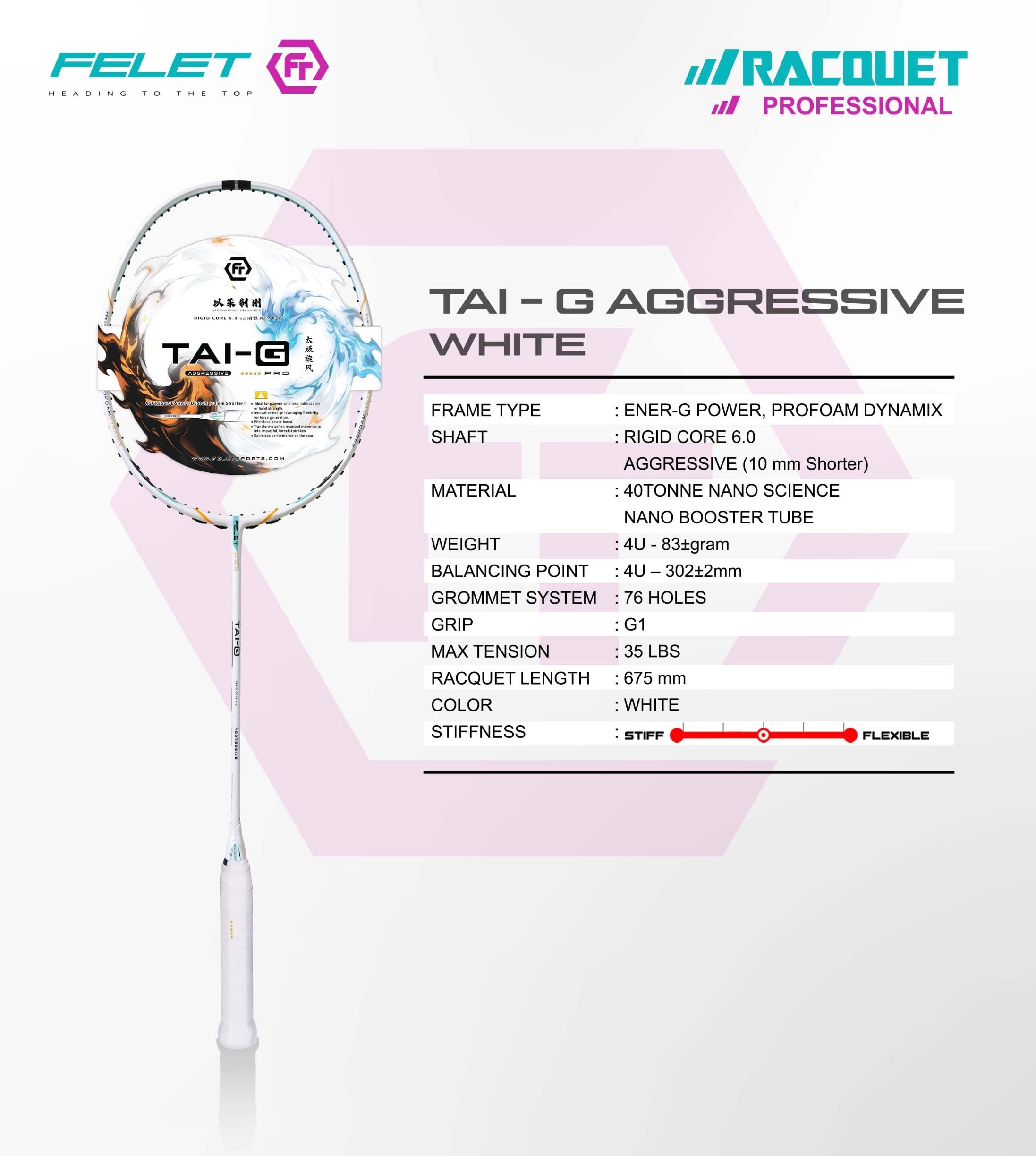 FELET Tai-G Aggressive ATTACK Badminton Racquet Max:35lbs (White) - Unstrung - badminton racquet at Add One