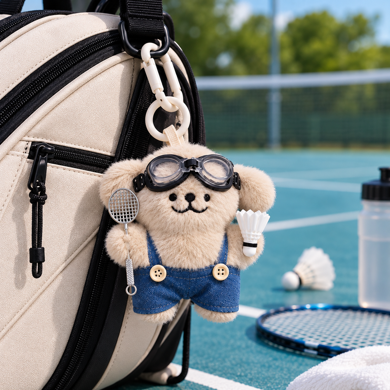 Beige badminton buddy bag charm with mini racket and shuttlecock