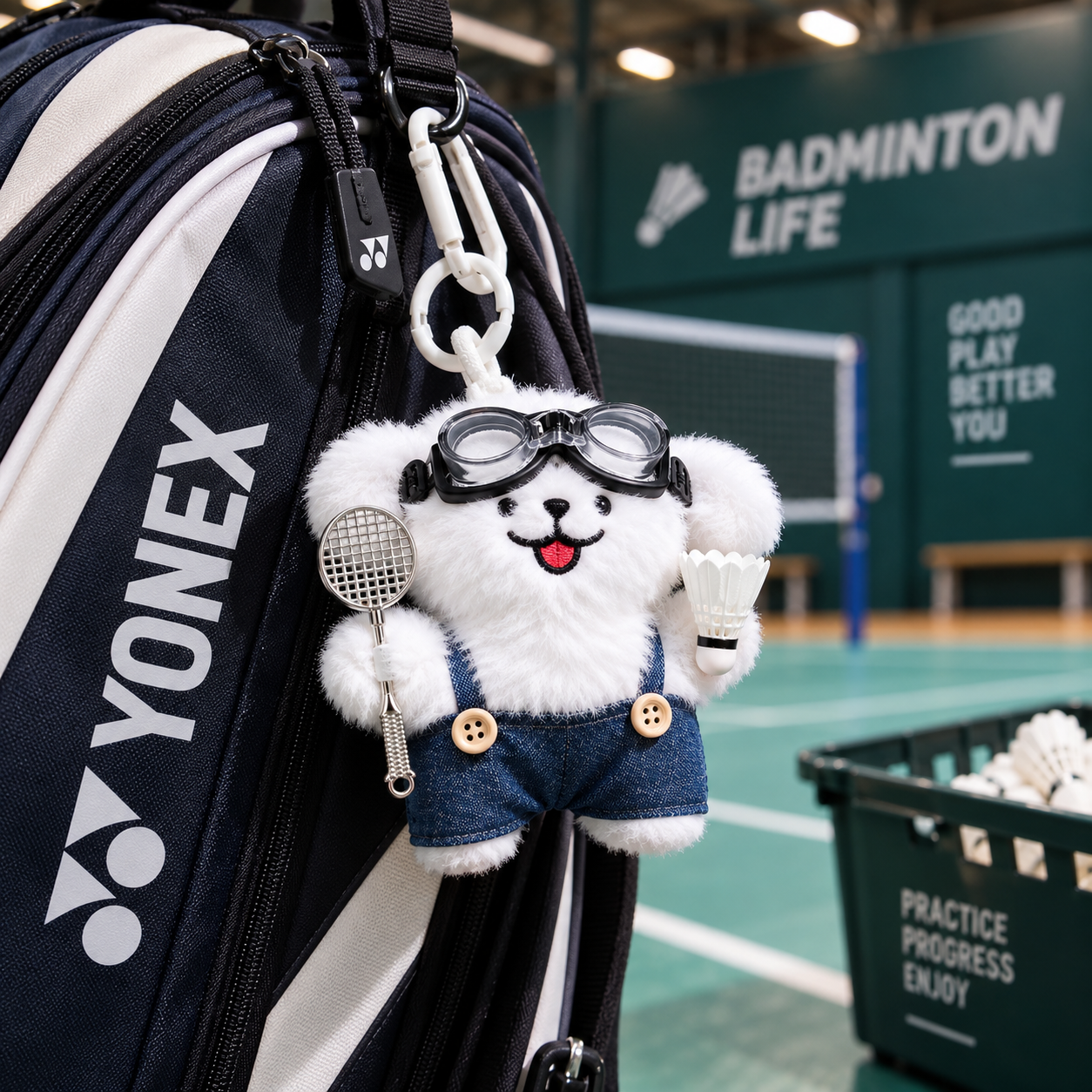 White badminton buddy bag charm with mini racket and shuttlecock