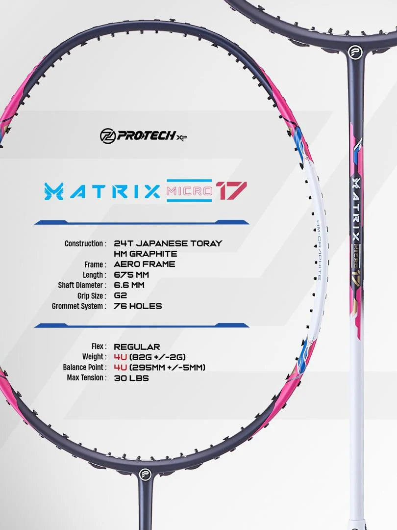Racket Matrix PROTECH Matrix Micro 17 4u (Up to 30lbs) - Badminton Racket | Add One ...