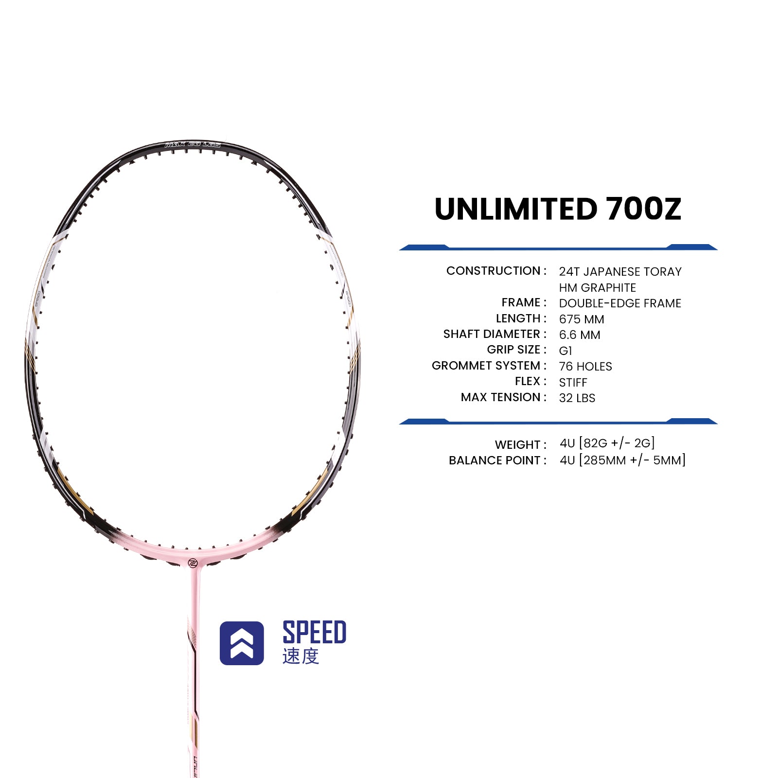 PROTECH Unlimited 700Z XP SPEED Badminton Racquet (Pink / Black) - Unstrung & Free Grip - badminton racquet at Add One