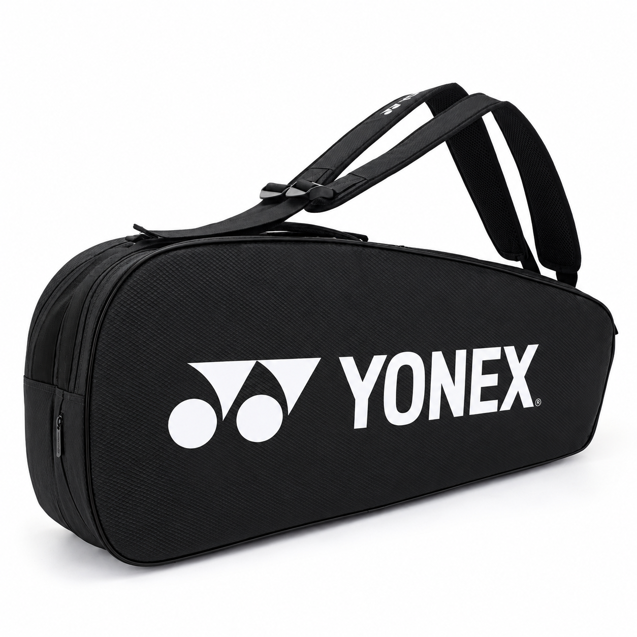 Yonex Tournament black badminton and tennis racquet bag back view with backpack straps