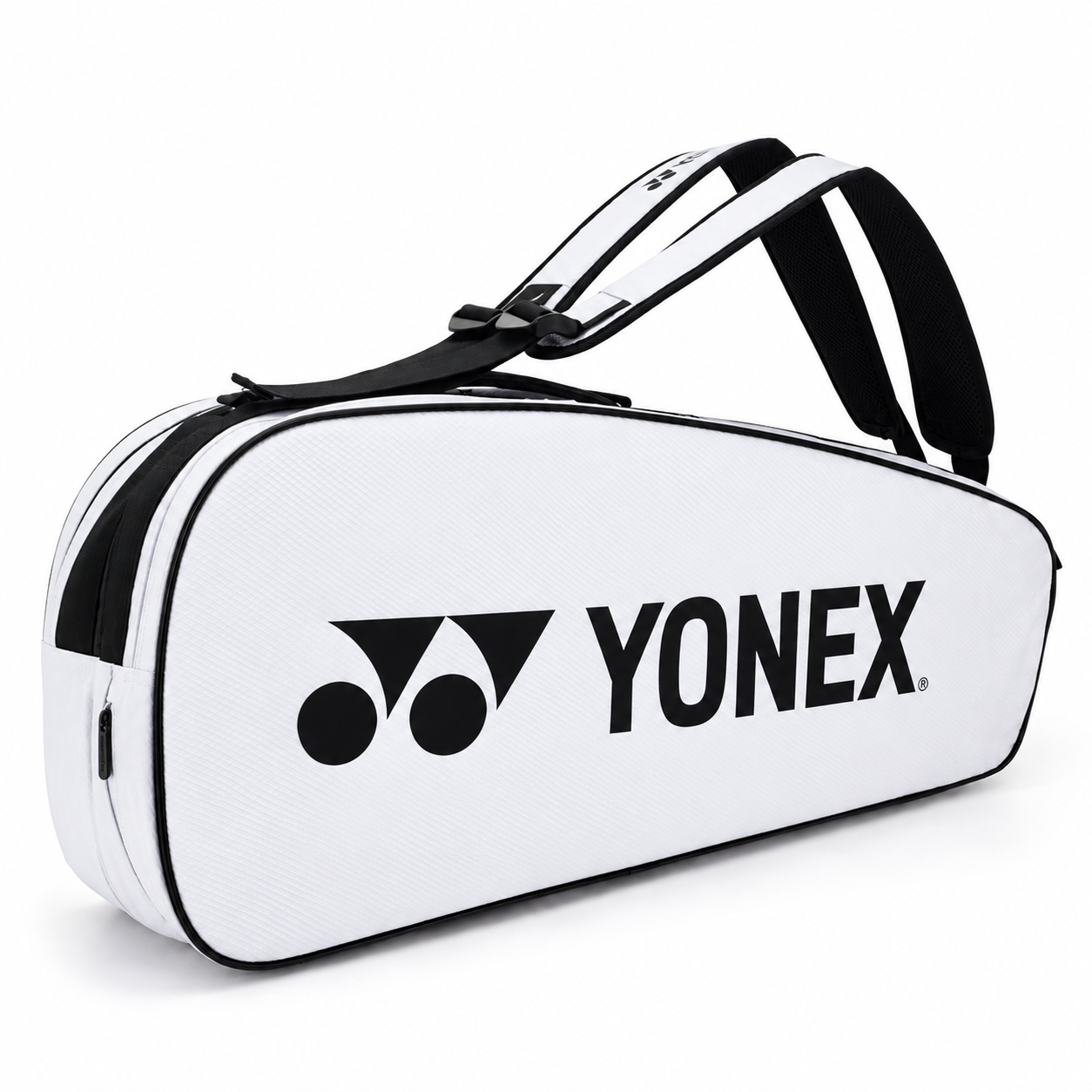 Yonex Tournament white badminton and tennis racquet bag back view with backpack straps